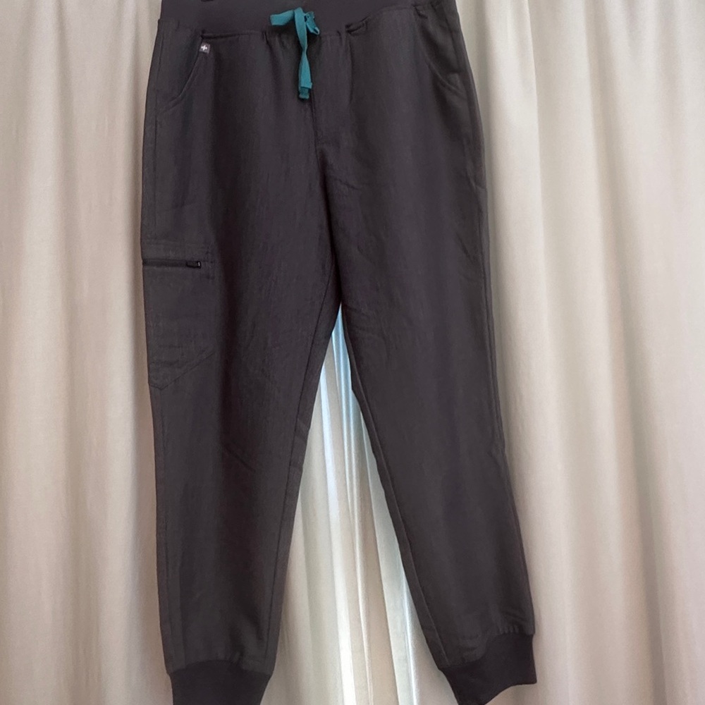 Figs Heather Gray Jogger Pants with Teal Drawstring